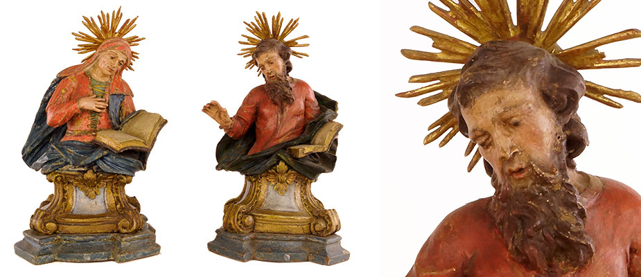 Skulpturen_HlAnna_HlJoachim Skulpturen_HlAnna_HlJoachim Büsten Hl. Anna und Hl. Joachim, Lindenholz geschnitzt, polychrome originale Fassung. Die Figuren auf Rocailliensockel, auf Plinthe montiert. Maße: H 19 x B 11 x T 8 cm Süddeutsch, um 1700