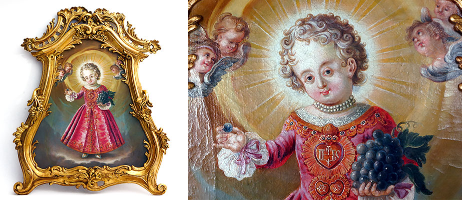 Altarbild_sueddt Altaraufsteller in geschnitztem uns vergoldetem Rahmen. Das Ölbild, Darstellung, Kolumba-Jesulein von Altenhohenau in rotem Prunkkleid. Die rechte Hand bietet eine Beere dar, die linke hält eine Traube. Das Kindlein auf einer Wolke stehend, von Engeln begleitet. Maße: H 81 x B 67 x T 8 cm Bayern, Mitte 18. Jahrhundert Kloster Alenhohenau ehemals Besitz Kardinal Meissner, Köln