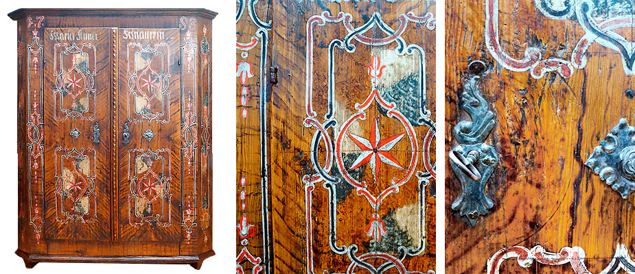 HaagerSchrank Bauernschrank, Süddeutsch Zweitüriger bemalter Haagerschrank, der Korpus aus Kiefernholz an den Ecken abgeschrägt. Originale Inneneinteilung, Standbrett und Fächer. Der Beschlag, Schloß und Schlüsselschilder eisen verzinnt. Originale Bemalung, Bandintasien und Sterne, Marmorieren in den Türfeldern, Untergrund brauner Kammzug (Kleistermalerei) auf Blankholz. Maße: H 180 x B 146 x T 54 cm Haag, Oberbayern datiert: 1783